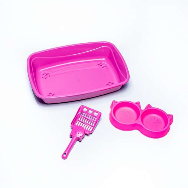 Kit Higiênico Gatos Luxo Bandeja + Pá + Comedouro Duplo Rosa