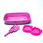 Kit Higiênico Gatos Luxo Bandeja + Pá + Comedouro Duplo Rosa